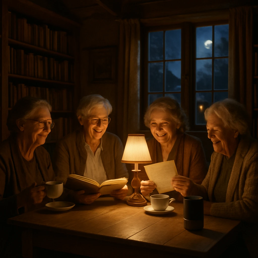 夜の村の図書室で、祖母たちが本や手紙を囲んで談笑し、テーブルの端にはAI読書支援デバイスが置かれている様子。