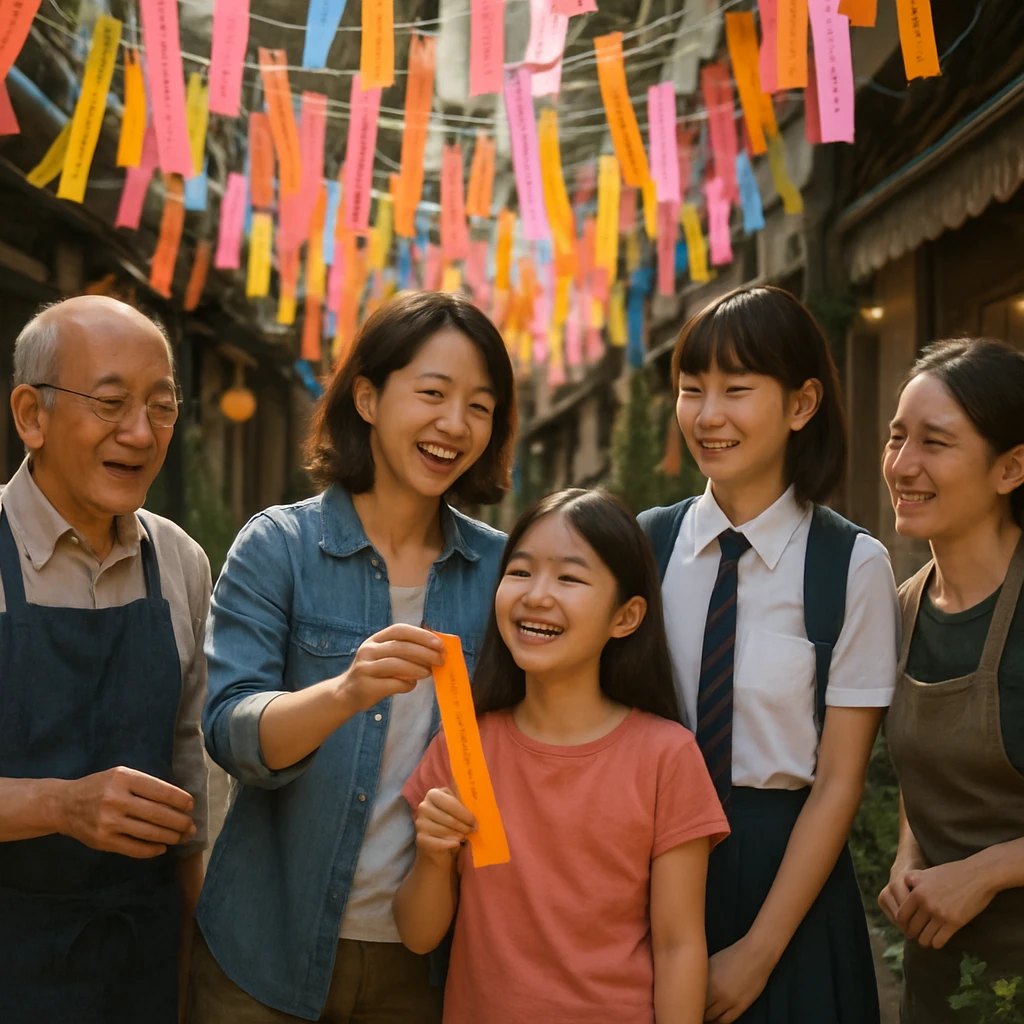 商店街の通りにカラフルなリボンがたくさん飾られ、人々が笑顔でリボンの願いを見ている様子の写真。