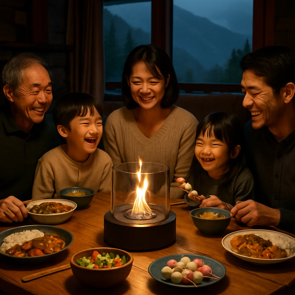 暖かな光に包まれた円卓を家族五人が囲み、中央の火鉢を囲んで笑顔で夕食を楽しむ様子。