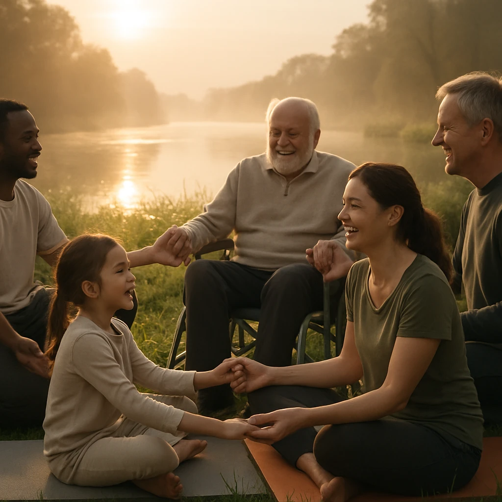 朝日の差し込む川辺で三世代の参加者が手をつなぎ、輪になってヨガを楽しんでいる様子。