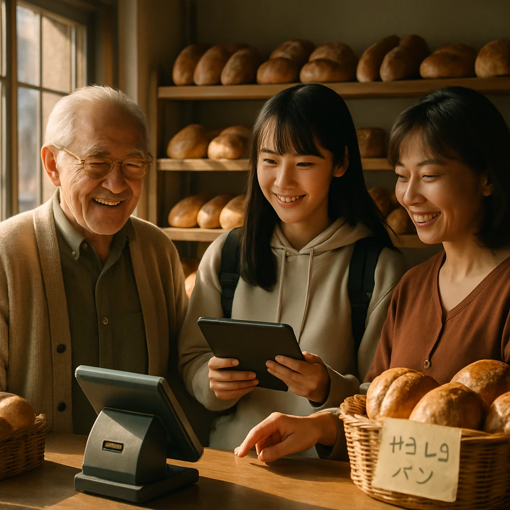 マルシャベーカリーの店内で、パン棚の隣に設置されたデジタル端末と“やさしさパン”のバスケットを囲む人々の様子。