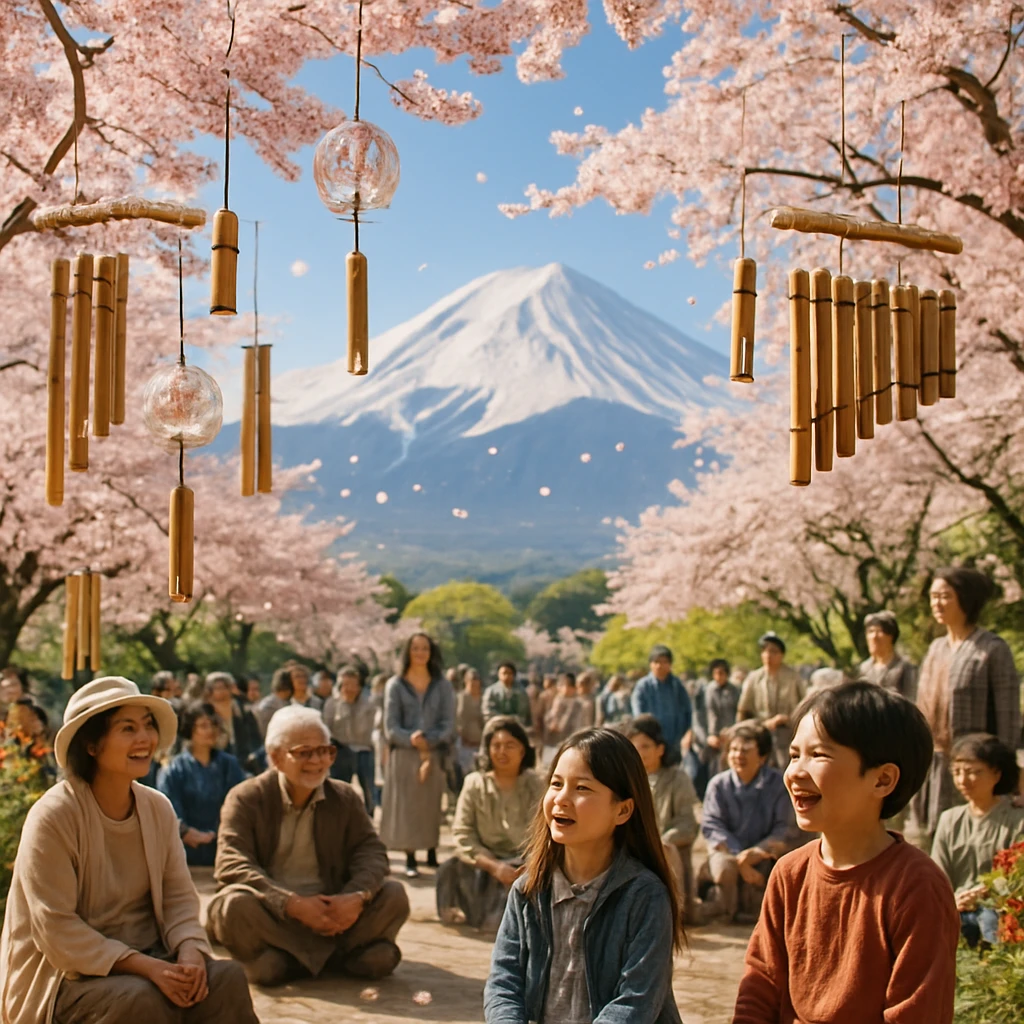 満開の桜の木々に手作りの楽器が吊るされ、地域の人々が集まる春の広場の様子。