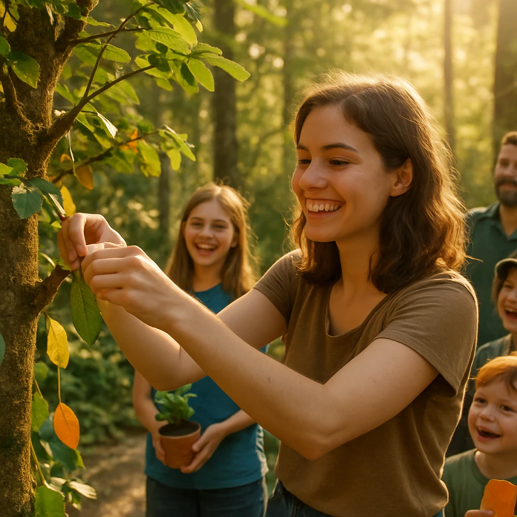 若い女性が森のテラスでリーフ型のカードを木の枝に結んでいる様子を、子どもや大人たちが笑顔で見守っている写真。