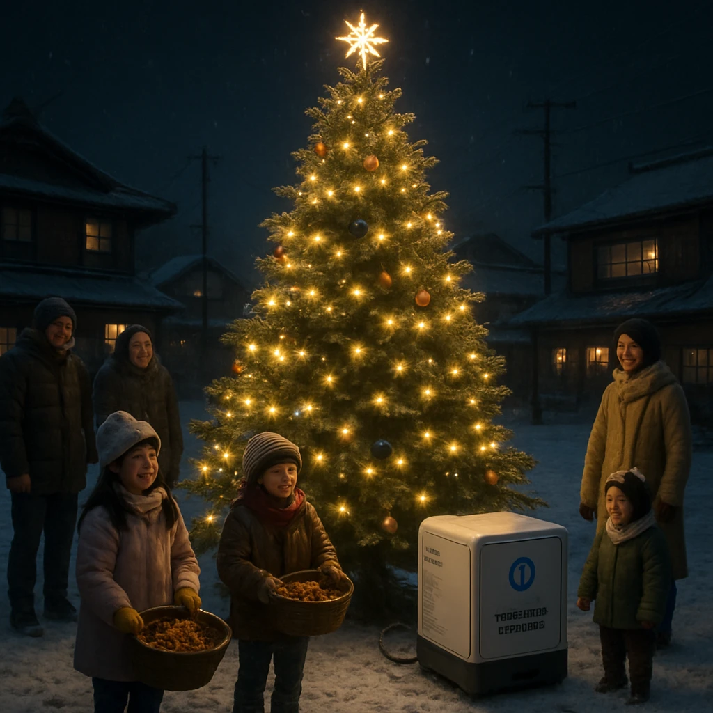 冬の町広場で、エコ発電で美しくライトアップされたクリスマスツリーを囲む住民たちの笑顔が映る写真。