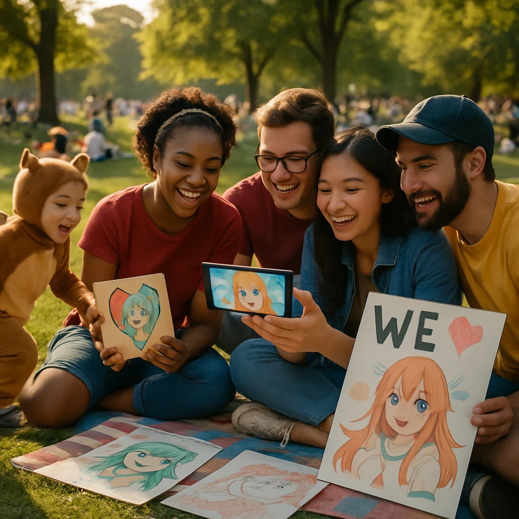 公園の芝生でスマートフォンを見ながら楽しそうに集うファンと、リスの着ぐるみ姿の子どもが走り抜ける様子の写真風画像。