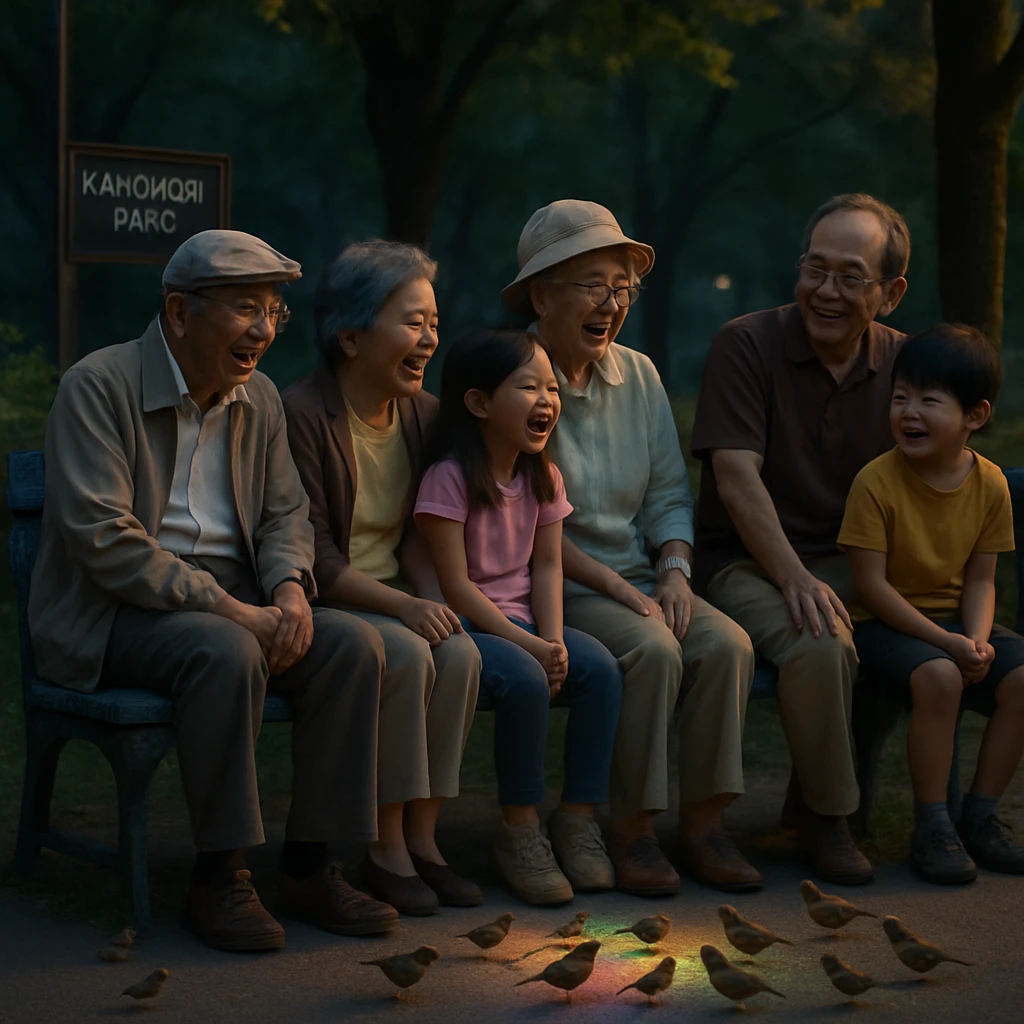 公園の青いベンチに座る人々と集まる小鳥たち、ベンチの下にはやさしく虹色に輝くライトが灯っている写真。