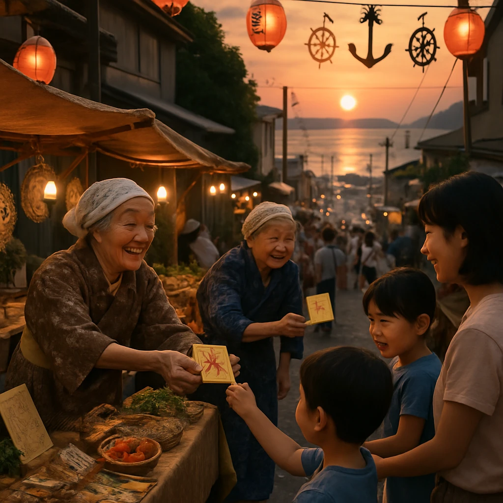 夕焼けの港町でおばあちゃんたちが手作り債券を子どもや大人に手渡しているにぎやかな市場の様子。