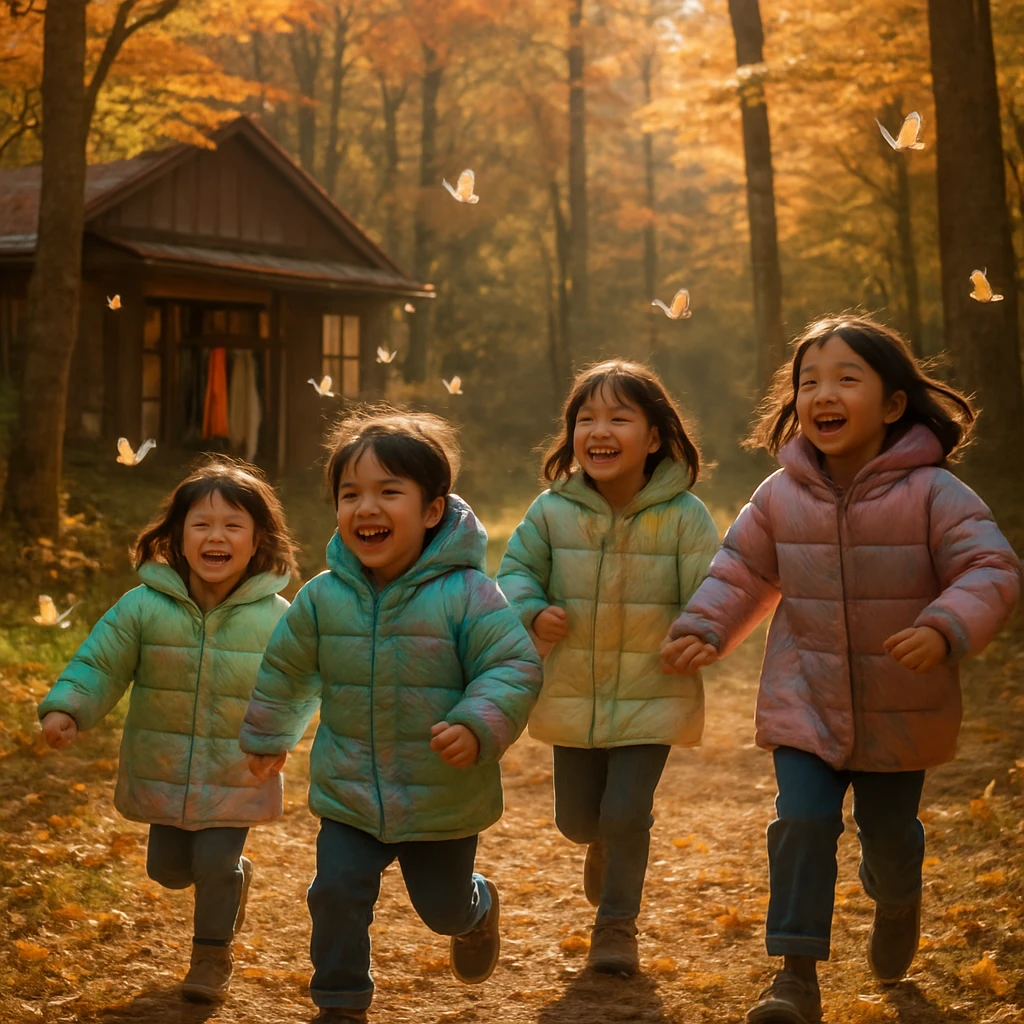 秋の軽井沢の森で、虹色のリサイクルコートを着た子どもたちが蝶と共に遊ぶ様子。