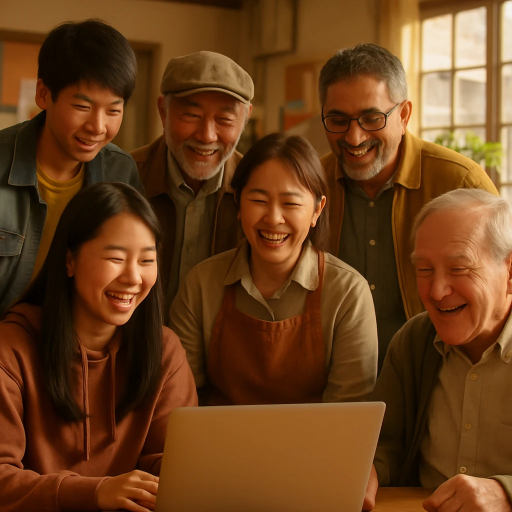 市民団体のメンバーたちがコミュニティセンターで笑顔でノートパソコンを囲んでいる様子。