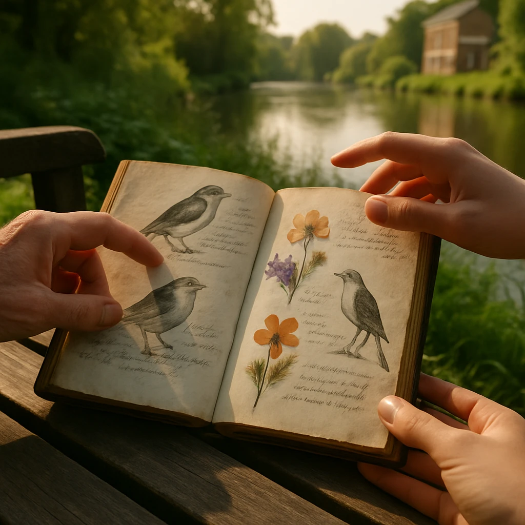 川沿いのベンチの上に、野鳥のスケッチや押し花が添えられた古びたノートを複数世代の手がそっと囲んでいる様子。
