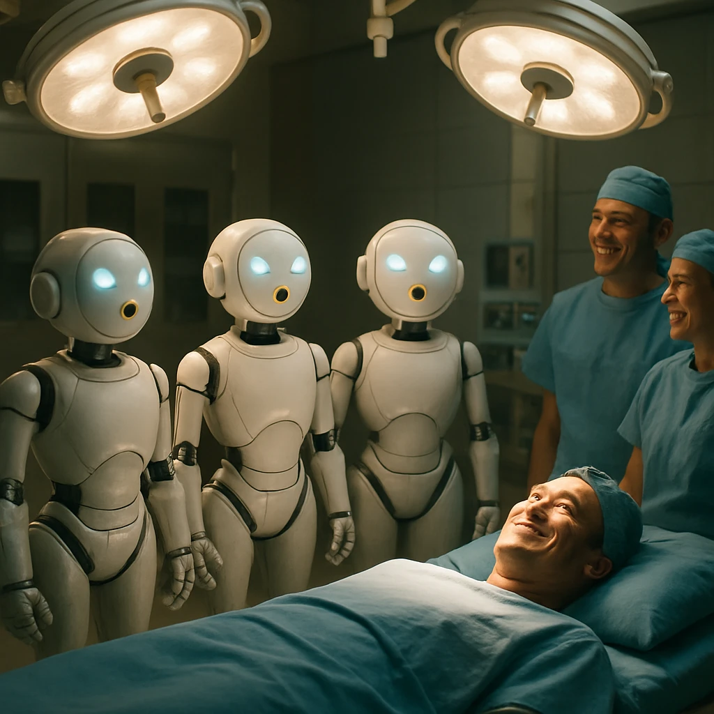 ハイテクな手術室で、人々が見守る中、やさしい表情の医療ロボットたちが輪になって合唱している様子。