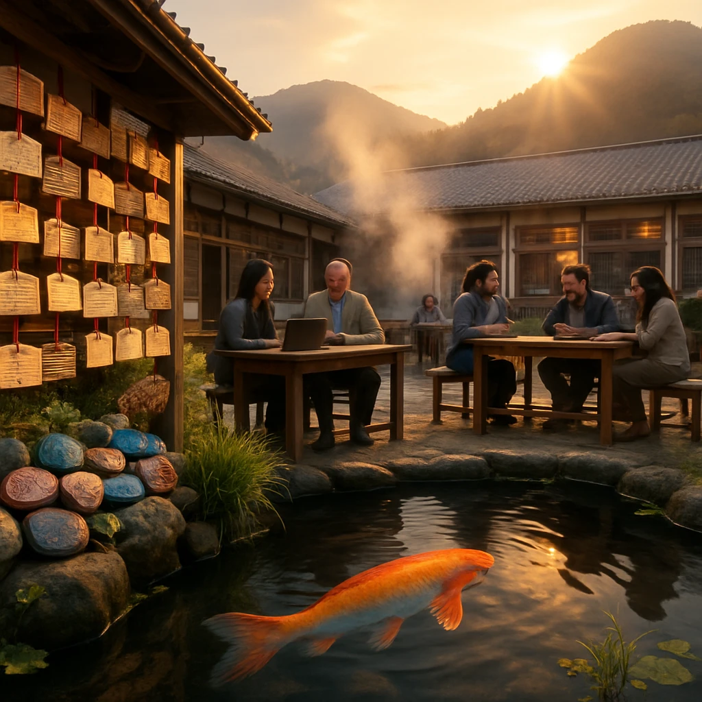 朝焼けの中、虹色に輝く鯉が泳ぐ池の周りに絵馬や彩色小石が並び、背景で多様なリモートワーカーたちが木製机で談笑している様子の写真。