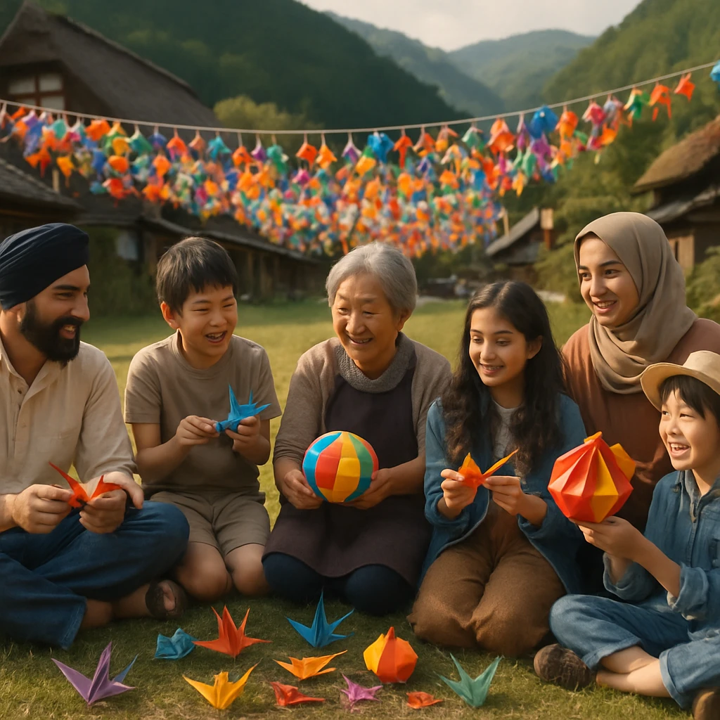 山あいの村の広場で、さまざまな国籍の人々が一緒にカラフルな折り紙を作りながら笑顔で交流している様子。