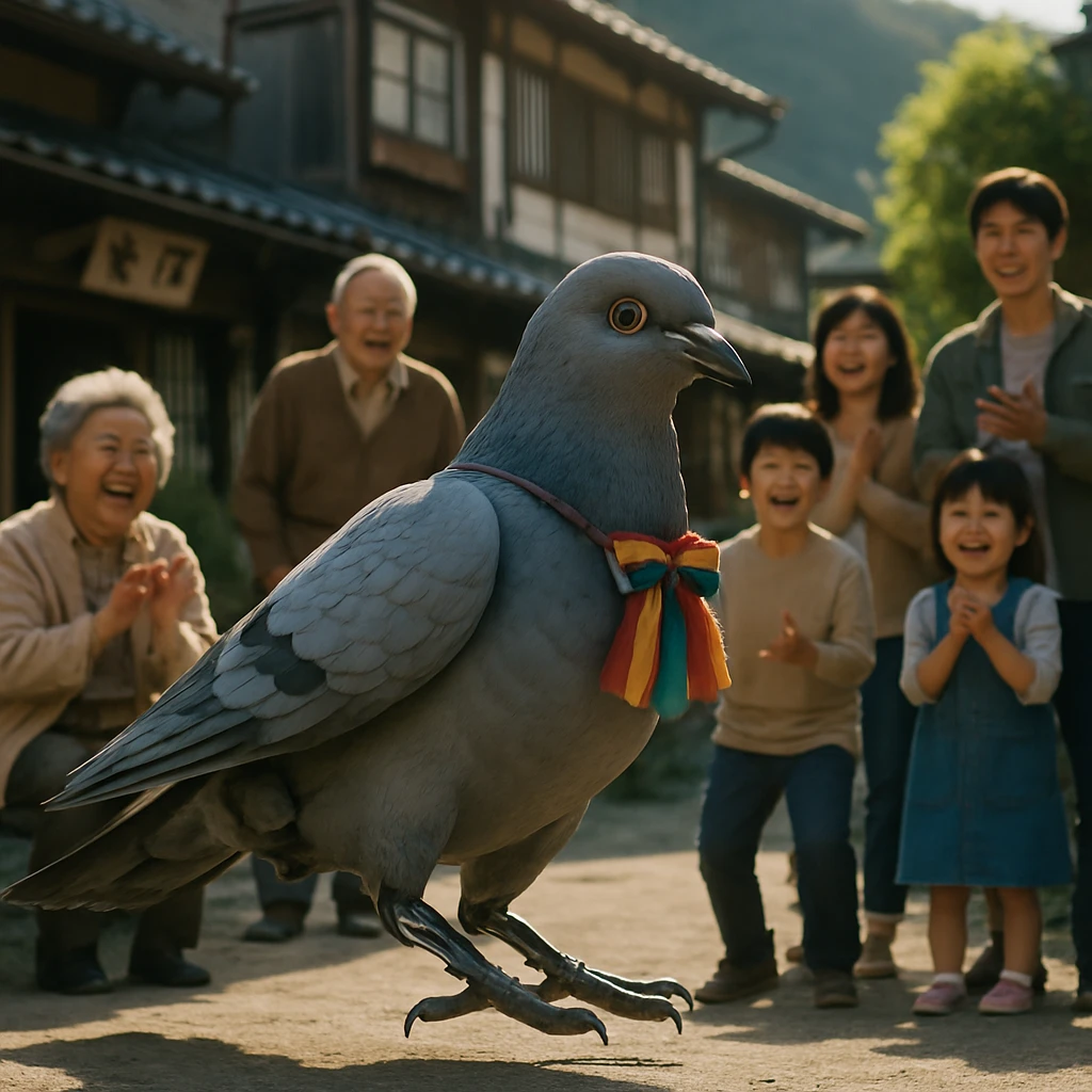 鳩型AIロボットが手作りのリボンを付けて小さな町の広場に舞い降り、子どもや高齢者が笑顔で見守る様子。