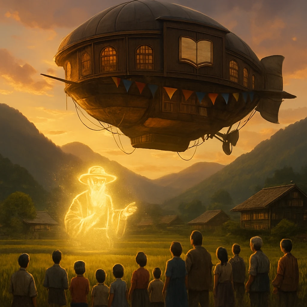 夕暮れの山間の村に、図書館型の大きな気球とホログラムが現れ、村人たちが見上げている様子。