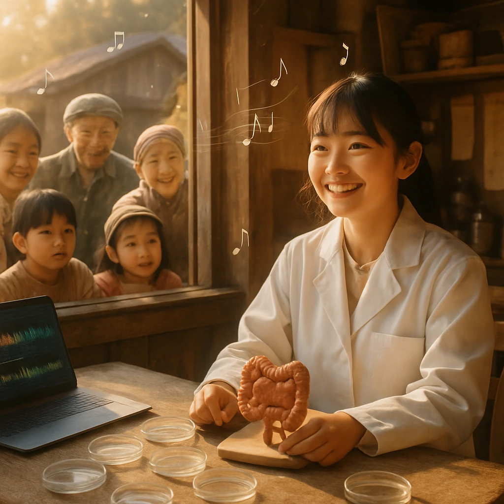 小さなラボで高校生の女性が手作りの腸オルガノイドと実験器具に囲まれ、窓越しに町の人々が興味深く音楽を聴いている様子。