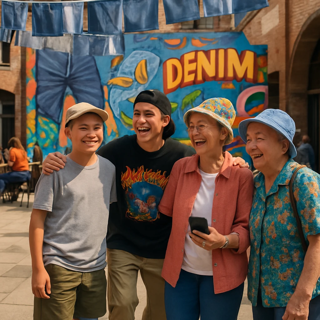 デニムの飾りとストリートアートで彩られた広場で、子どもから高齢者までが一緒に笑いながら記念写真を撮っている様子。