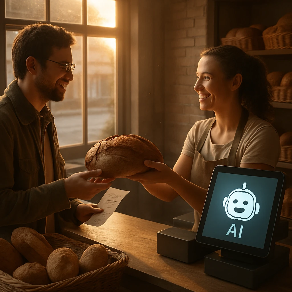 朝のベーカリーで、パンとレシートを受け取る笑顔の客と、レジ横のディスプレイが映る店内の様子。