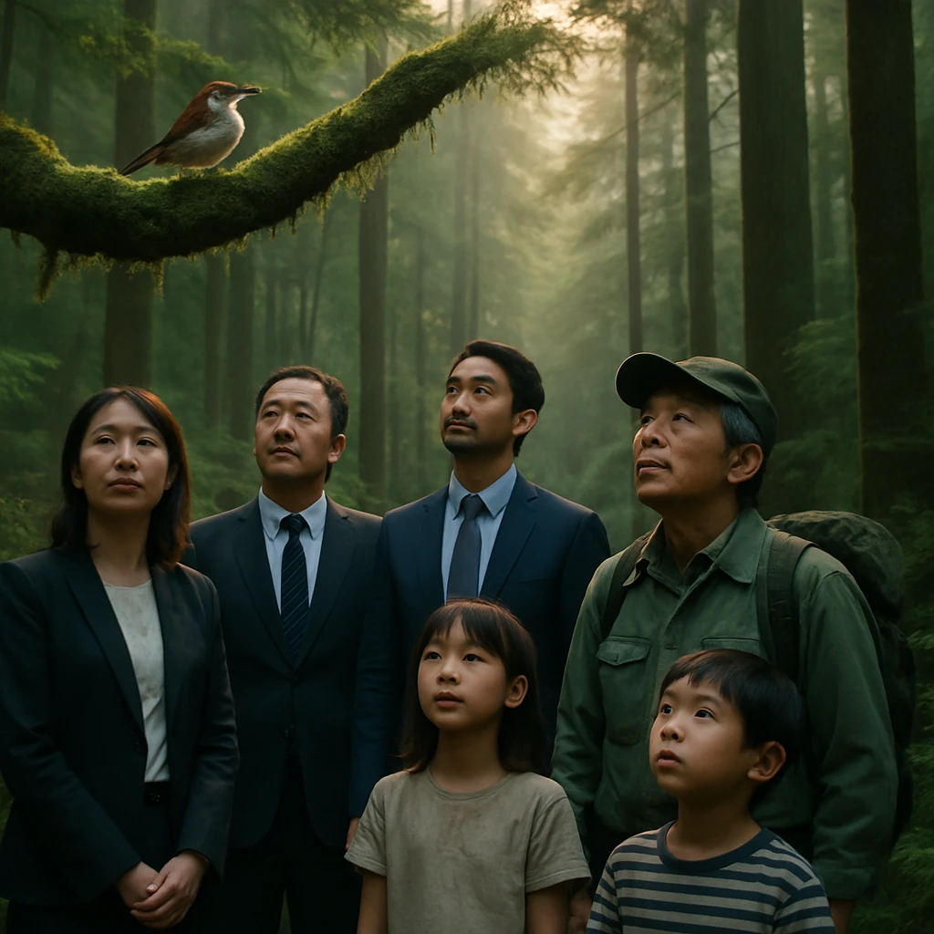 日本の森で企業関係者や子どもたちがムジナヒタキを見上げて静かに耳を傾けている場面の写真。