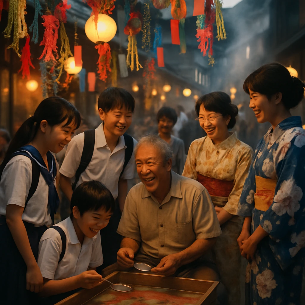 会津の温泉街で、中学生やお年寄りたちが手作りの金魚すくい台を囲み、レトロな飾りと湯けむりに包まれて笑顔を見せている様子。