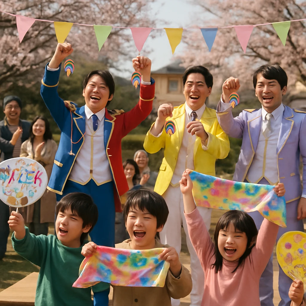 桜が咲く公園の屋外ステージで、カラフルな衣装を着た父親たちが手作りのチャームを持ち、笑顔で子どもと観客に囲まれている様子。