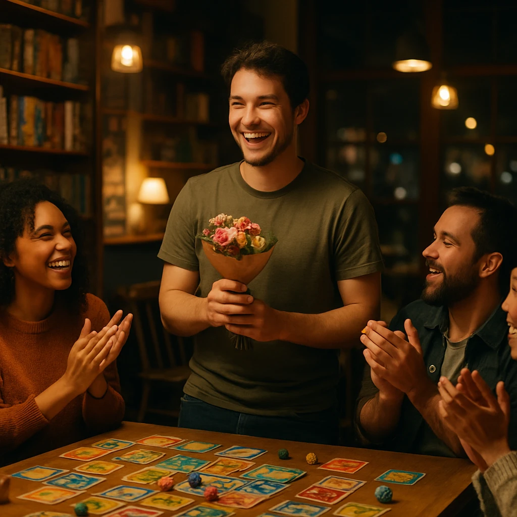 ボードゲームカフェで若い男性がテーブルを囲む人たちに拍手されながら花束を受け取っている様子。