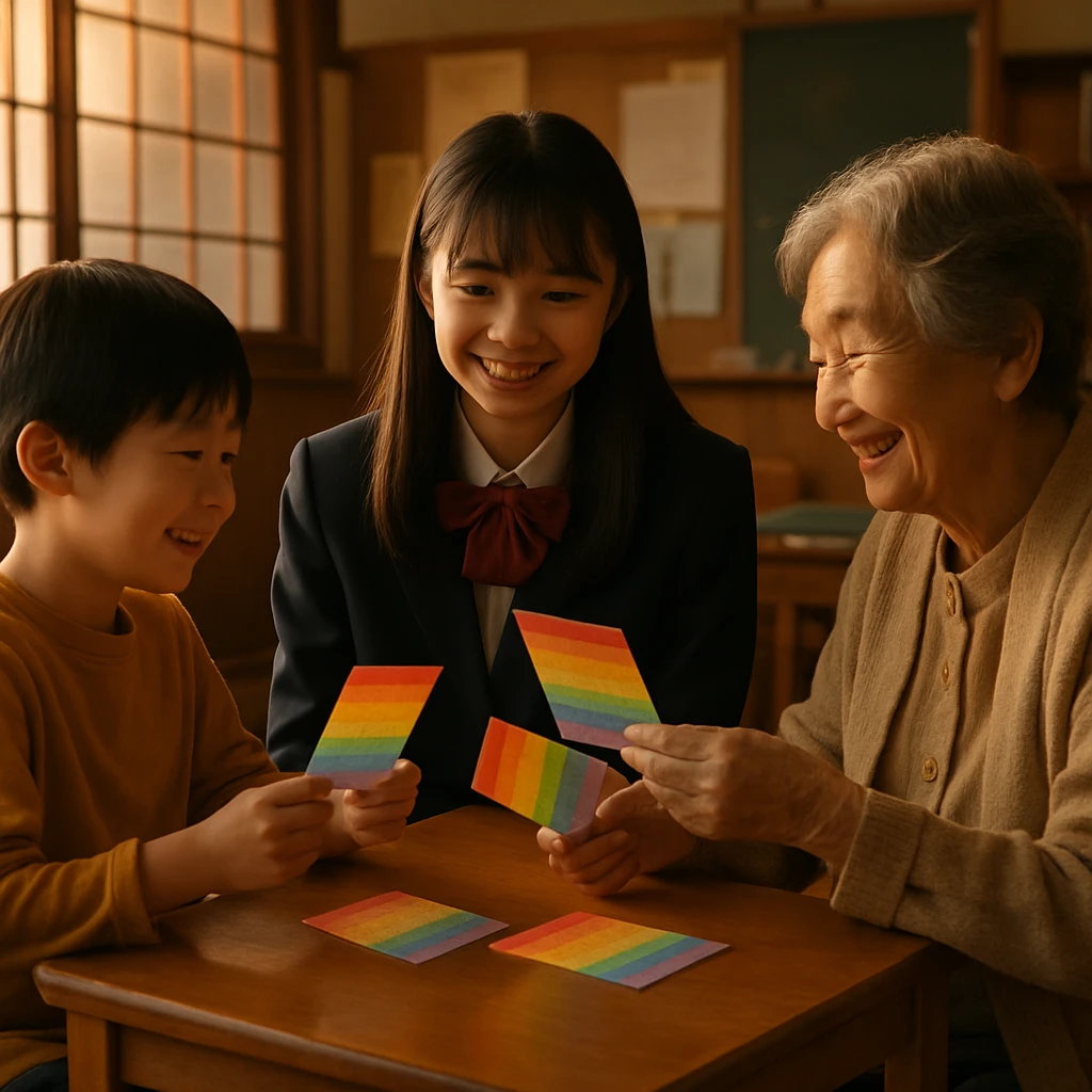 子ども、学生、お年寄りが虹色のカードを囲んで笑い合う町の温かい交流の様子。
