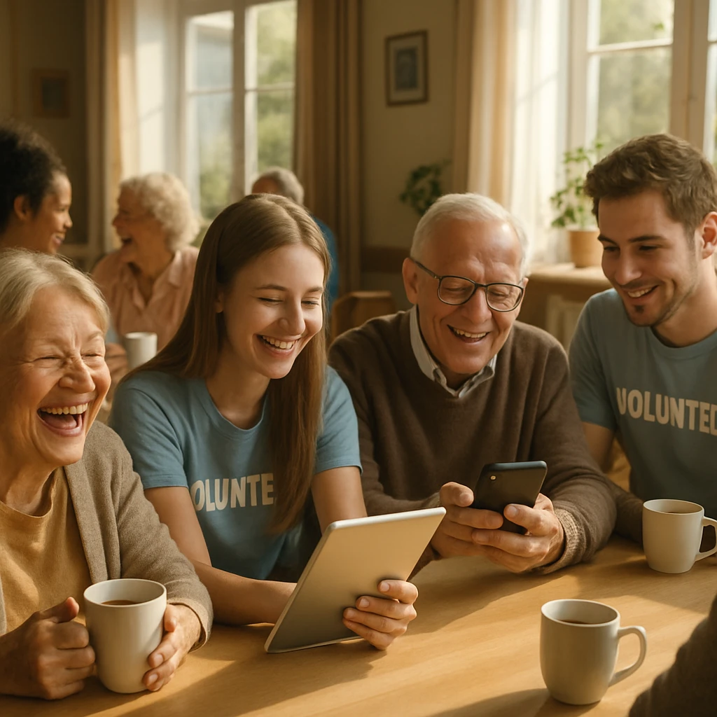 公民館の明るい部屋で高齢者と若者が紅茶を飲みながらスマートフォンを操作している様子。