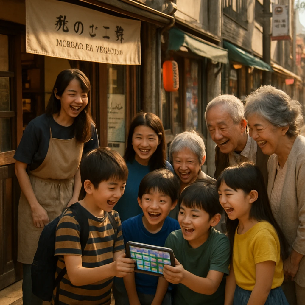 商店街の店先で子どもたちがタブレットの画面をお年寄りに楽しそうに見せている様子。
