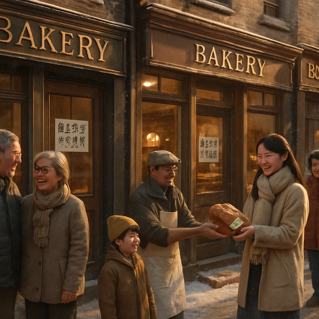 冬のパン屋通りで、店先の『値上げ、でもサプライズ付き』の看板と、当たりくじ付きパンを受け取り笑顔になる女性の様子。