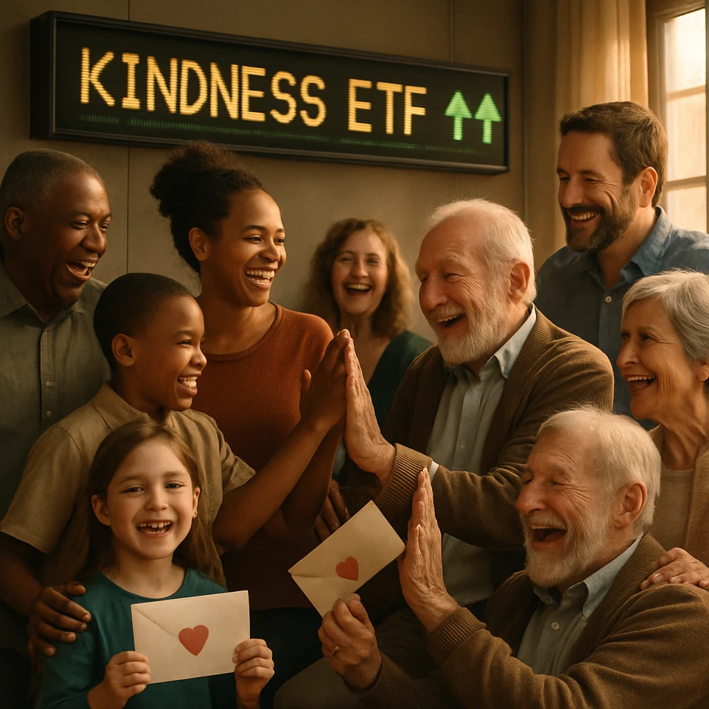 さまざまな年代や人種の人々が笑顔で集まり、株価表示板の前で温かく交流している写真。