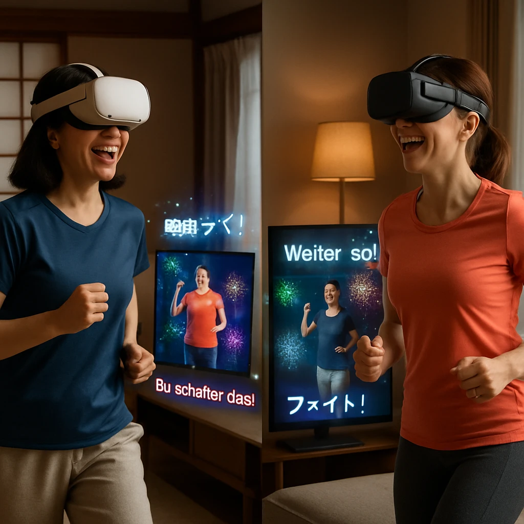 日本とドイツのリビングでVRゴーグルをつけて楽しそうにジョギングする二人の女性と、画面に映るアバターやデジタル花火の様子。