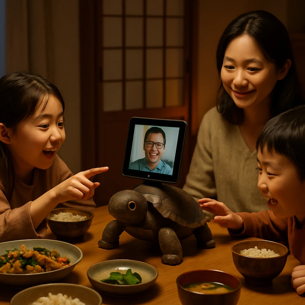 食卓の中央に手作りのカメ型ロボットが置かれ、タッチパネルの画面越しに父親と家族が笑顔で会話している様子。