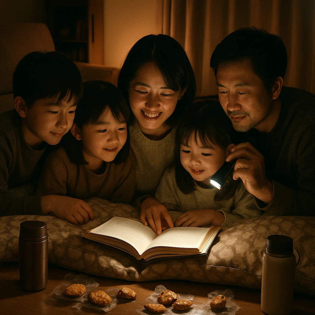 リビングで布団にもぐった家族が、懐中電灯の灯りで本を囲みながら暖かく読書している様子。