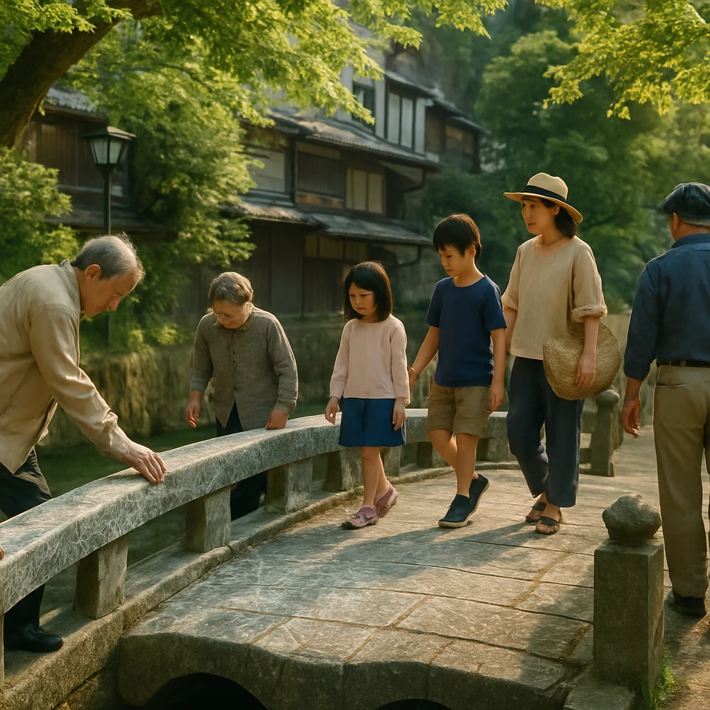 さまざまな年代の人々が小さな石橋に集まり、橋に触れたり歩いたりしている温かい雰囲気の写真。