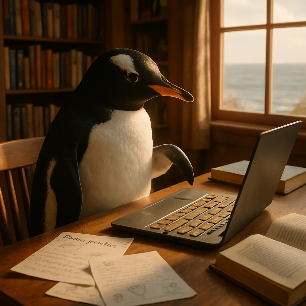 海辺の図書館でペンギンが魚型キーボードのノートパソコンを前に執筆している様子。
