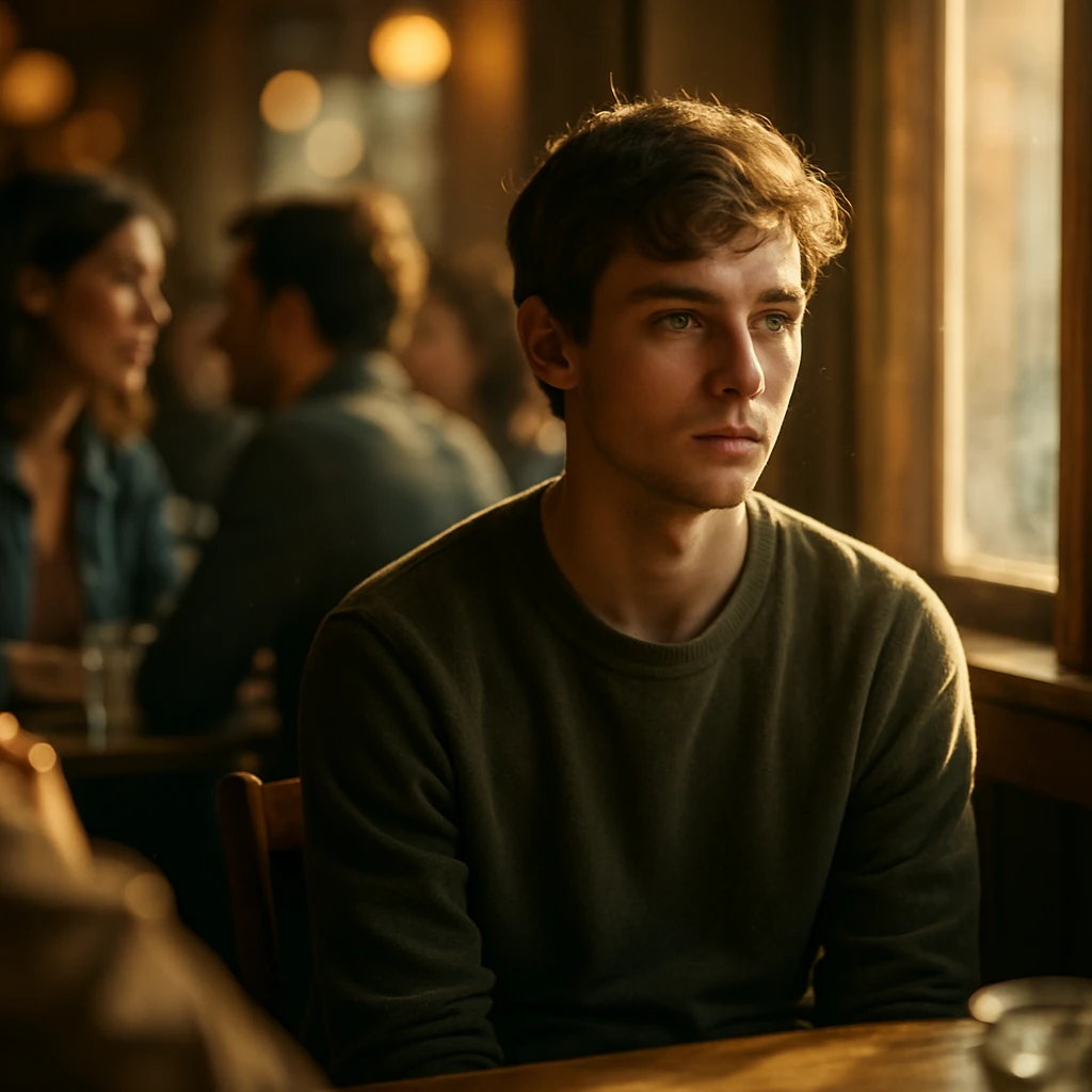 カフェの片隅で静かに座る若い男性を、賑やかな客たちが背後で会話している様子。