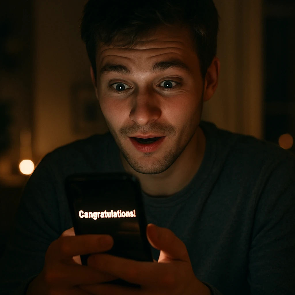 夜の室内でスマートフォンの画面を見つめる若い男性が、感動した表情を浮かべている様子。