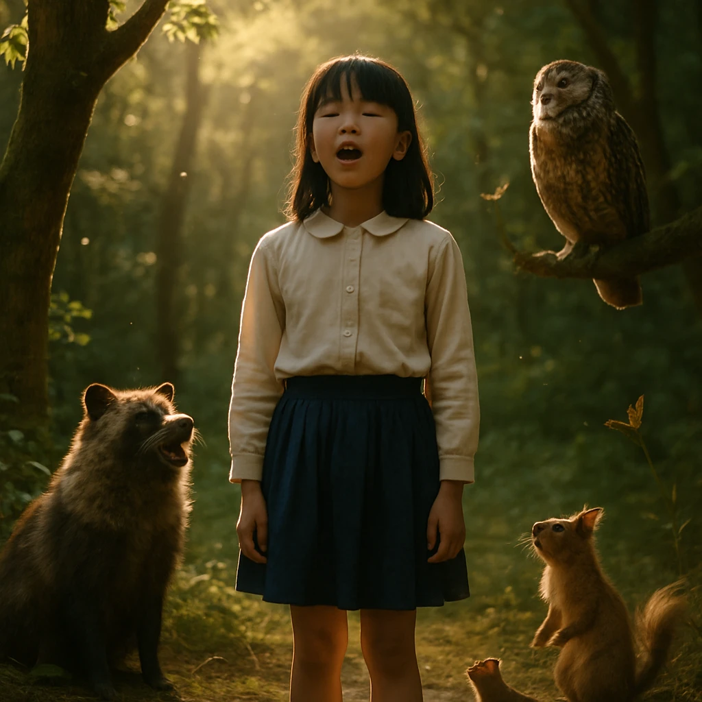 朝の森で少女とタヌキ、フクロウ、虫たちが輪になって一緒に歌っている様子のリアルな写真。