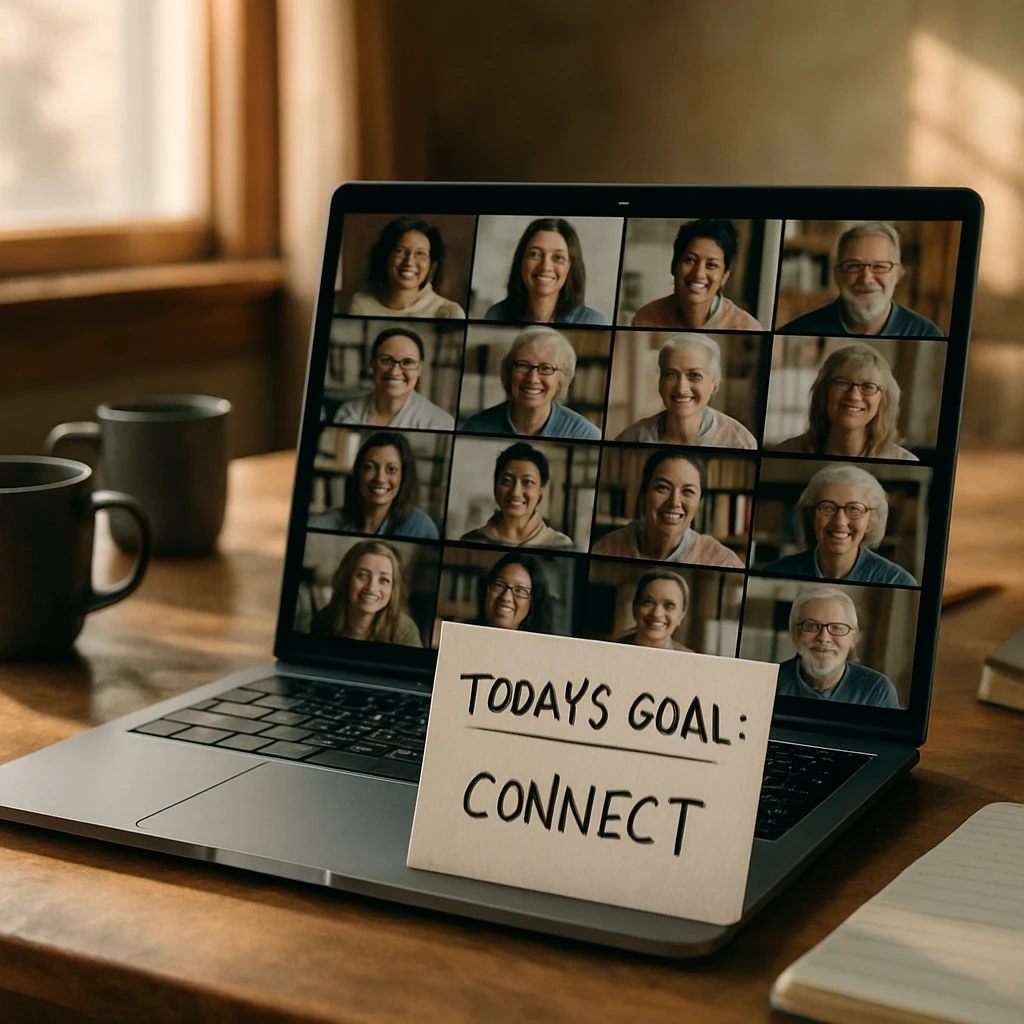 ノートパソコンの画面に多様な人々が写るビデオ会議の様子と、机の上に掲げられた手書きの目標メモの写真風イメージ。