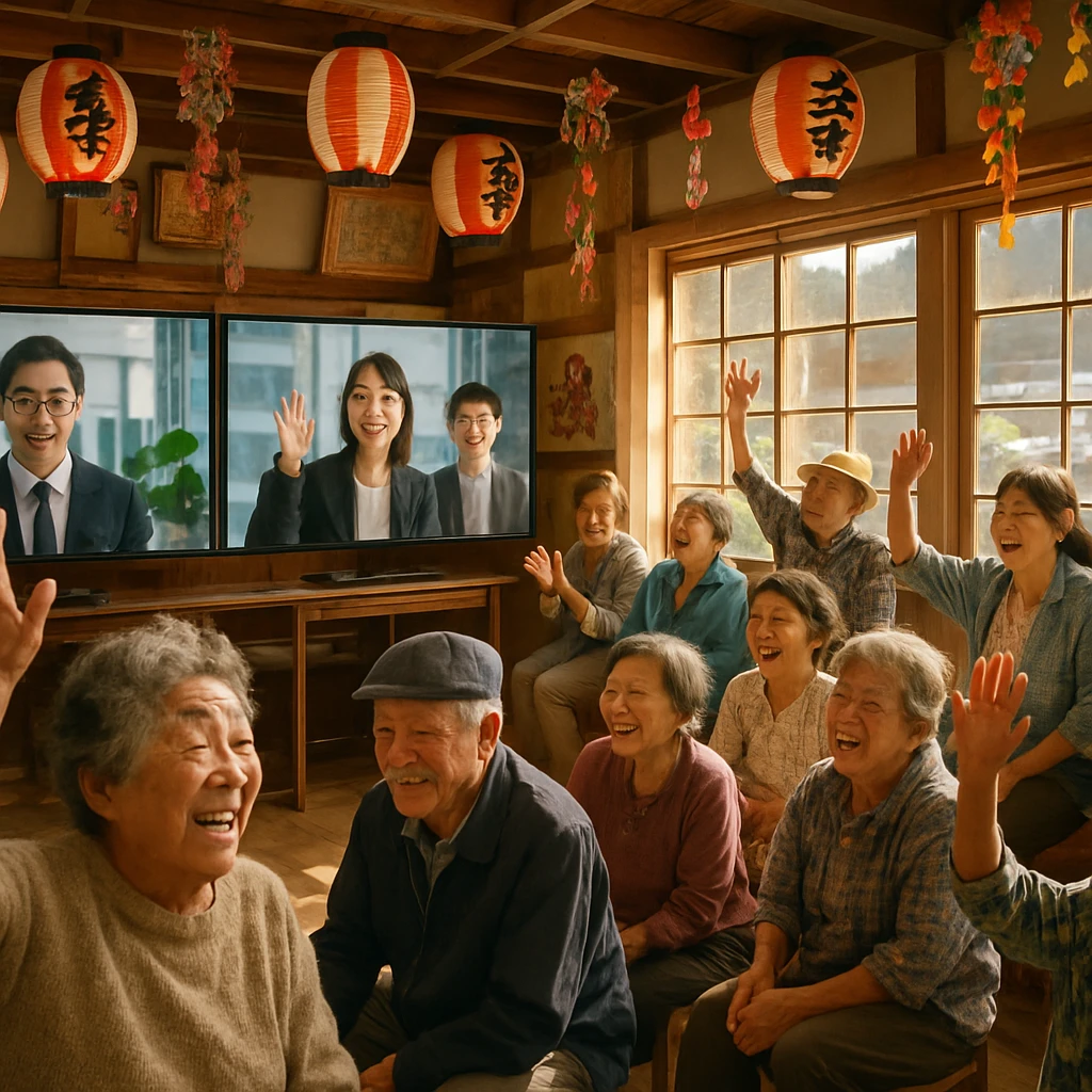 村の集会所で村民と大画面のビデオアバターが楽しく交流している様子の写真。