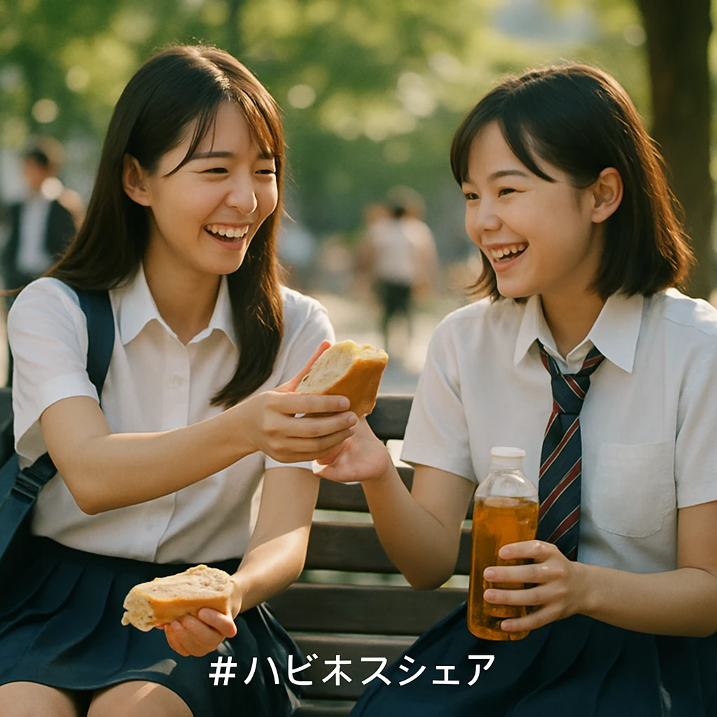 ベンチに座る女子高生が友人にサンドイッチと飲み物を分け合う幸せな瞬間を公園で捉えた写真。