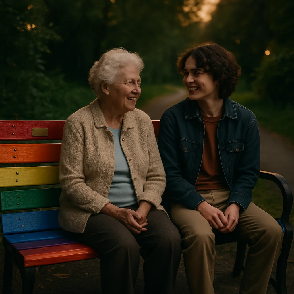 虹色に塗られたベンチに高齢女性と若い人が夕暮れの公園で温かく話し合って座っている様子。