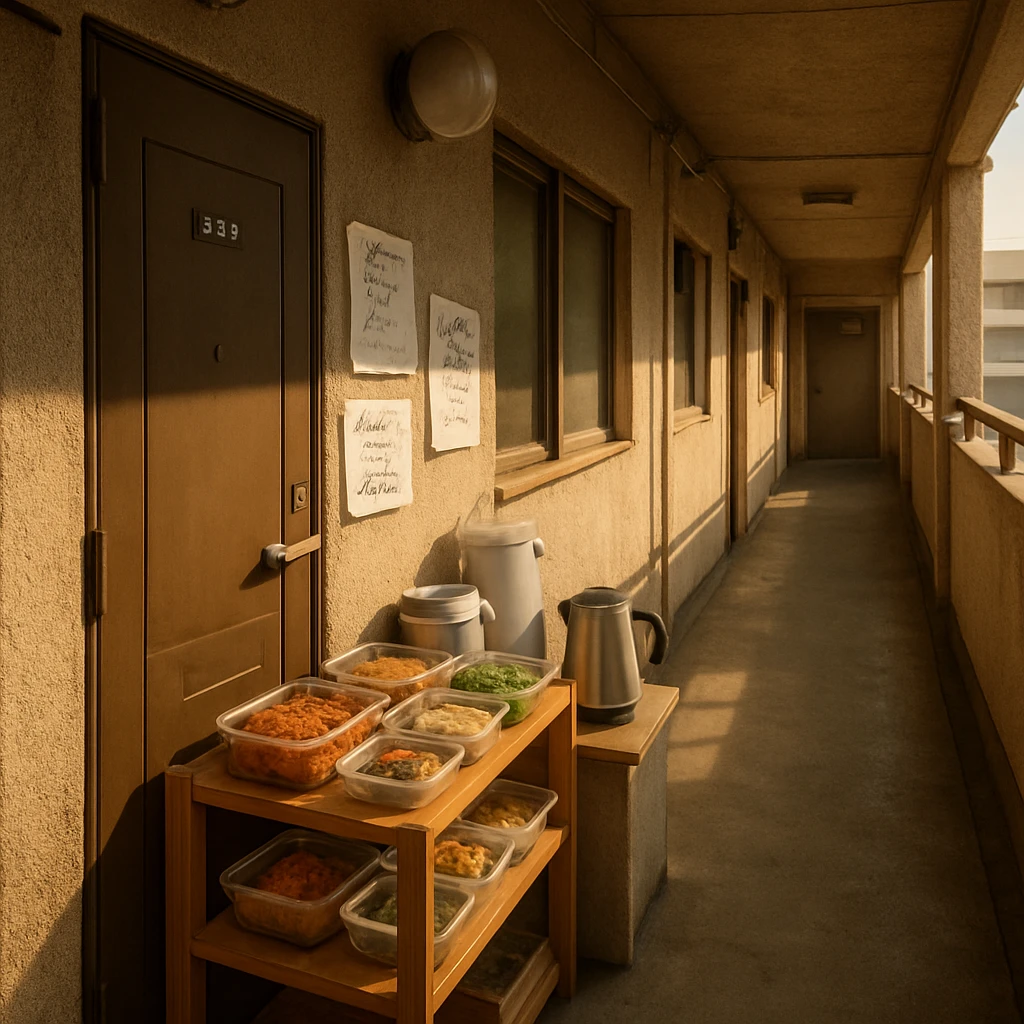 日本の団地の明るい朝の廊下に並ぶおすそ分け用の棚と手作り料理、周囲には家電や手書きメモが見える様子。