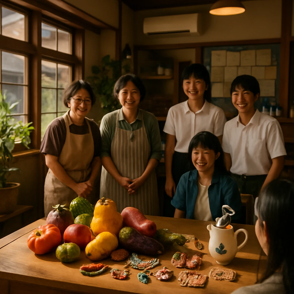 小さな町の温かなカフェで、テーブルに規格外野菜や手作りアクセサリー、リサイクル作品が並び、店主と若者たちが明るく接客している様子。