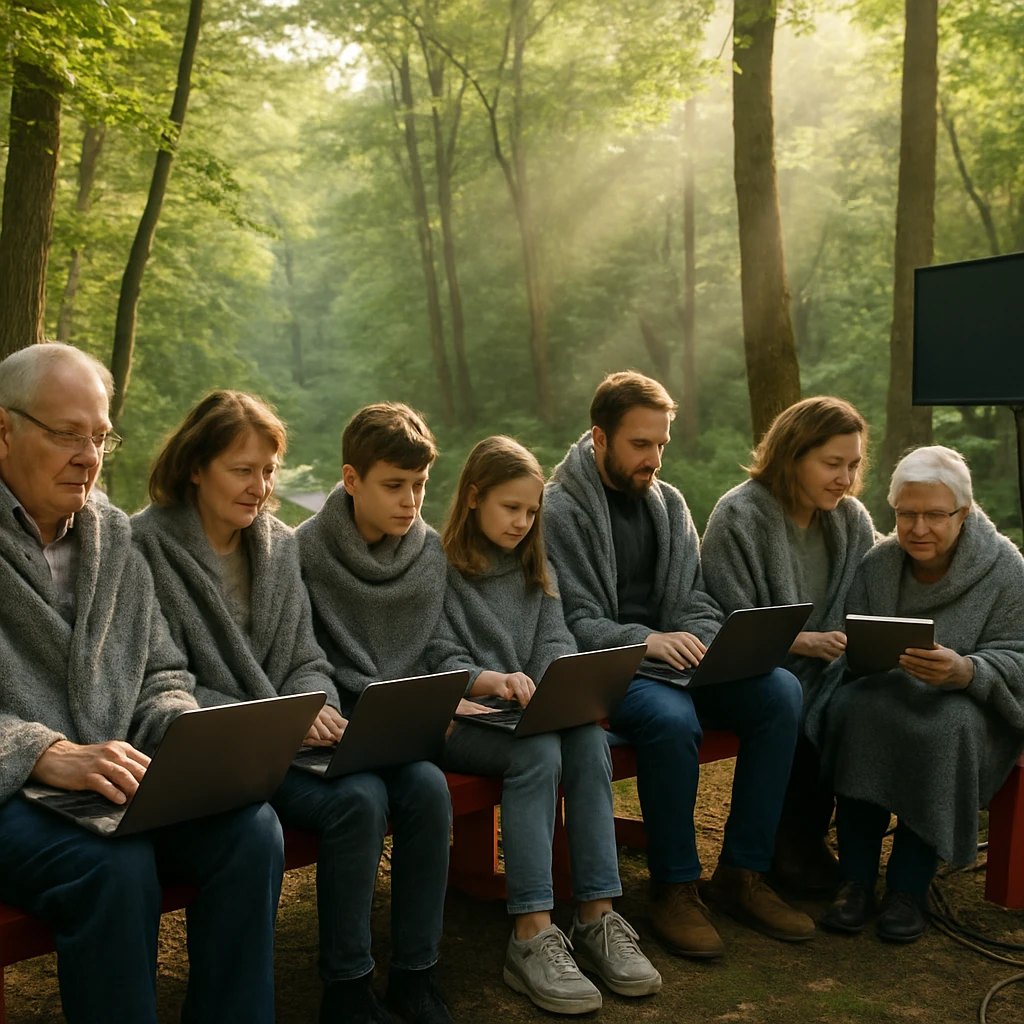 朝の森の中、赤いベンチに座ってブランケットを羽織り、ノートパソコンやタブレットで会議をしている村人たちの様子。