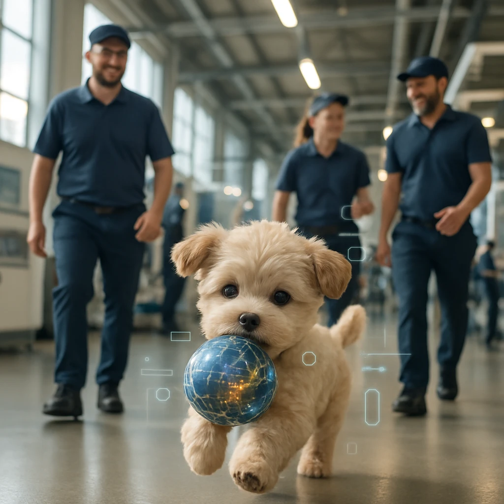 工場内でデータボールをくわえた小型子犬型ロボットが従業員の間を楽しげに走っている様子。