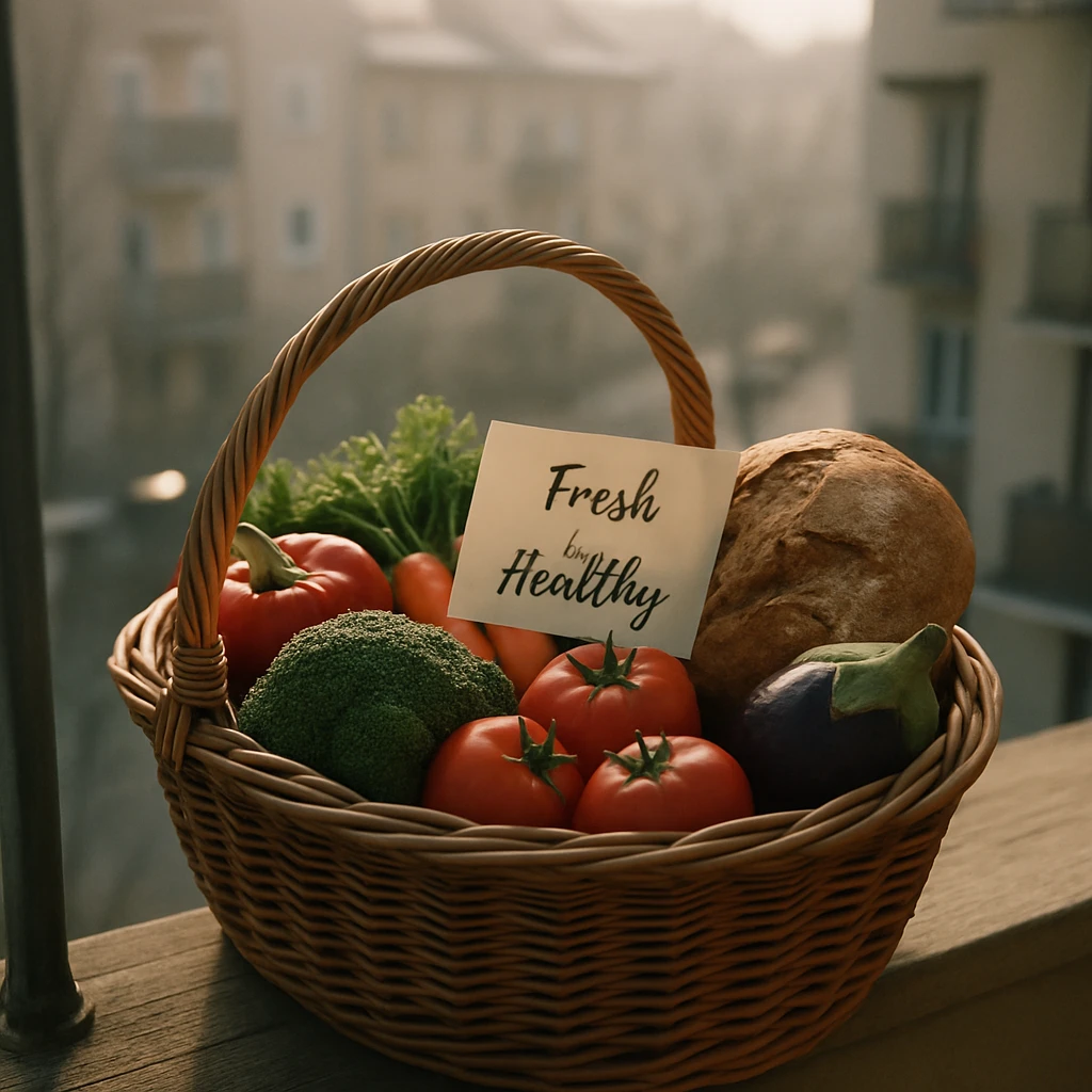 色とりどりの野菜やパン、メッセージカードの入ったかごが朝の日差しの中、ベランダに置かれている様子。