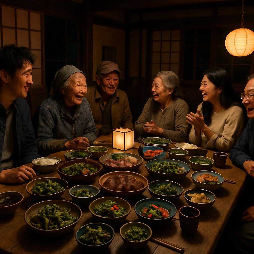 木造の古民家の大きなテーブルを囲み、様々な世代の住民が旬の料理を味わいながら談笑している様子。