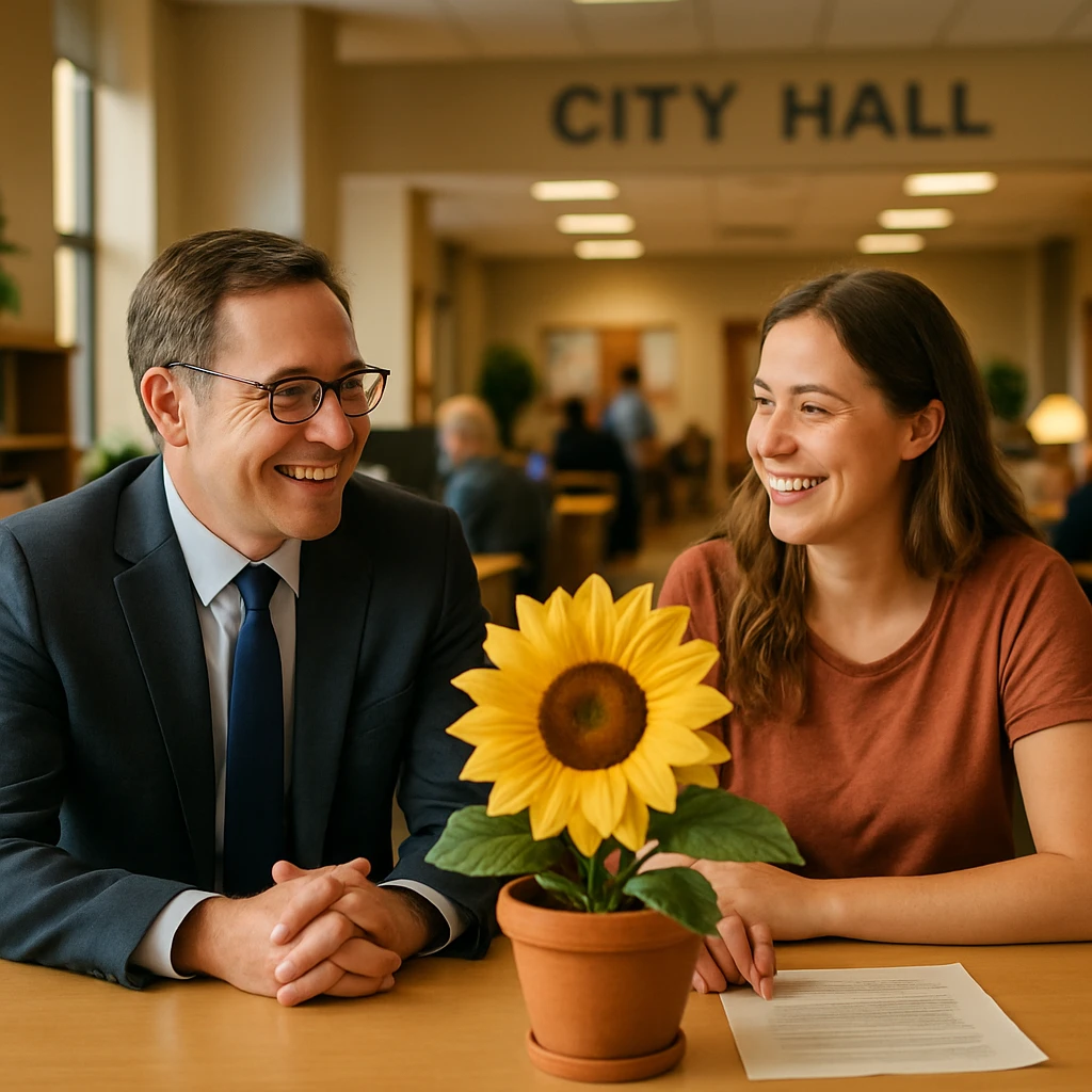 仕切りのない大きなテーブルで公務員と市民が隣同士に座り、中央にひまわりの造花が飾られている相談風景。